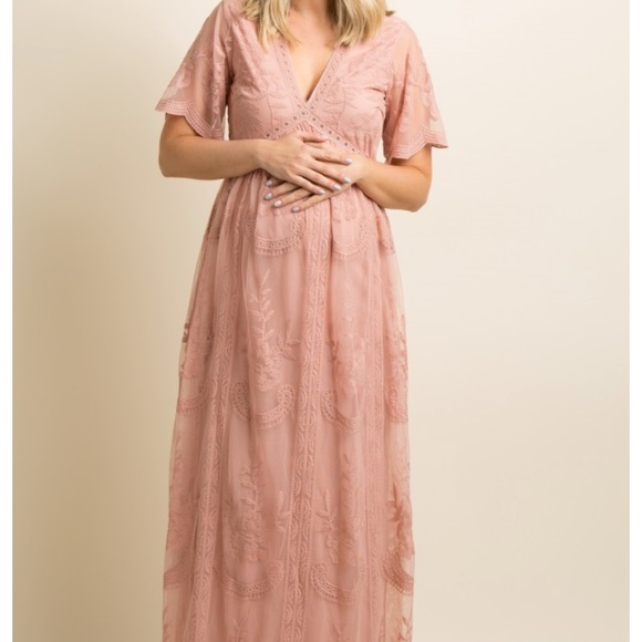 PinkBlush Lace Mesh Plus Maternity Maxi Dress 1X - Picture 7 of 13